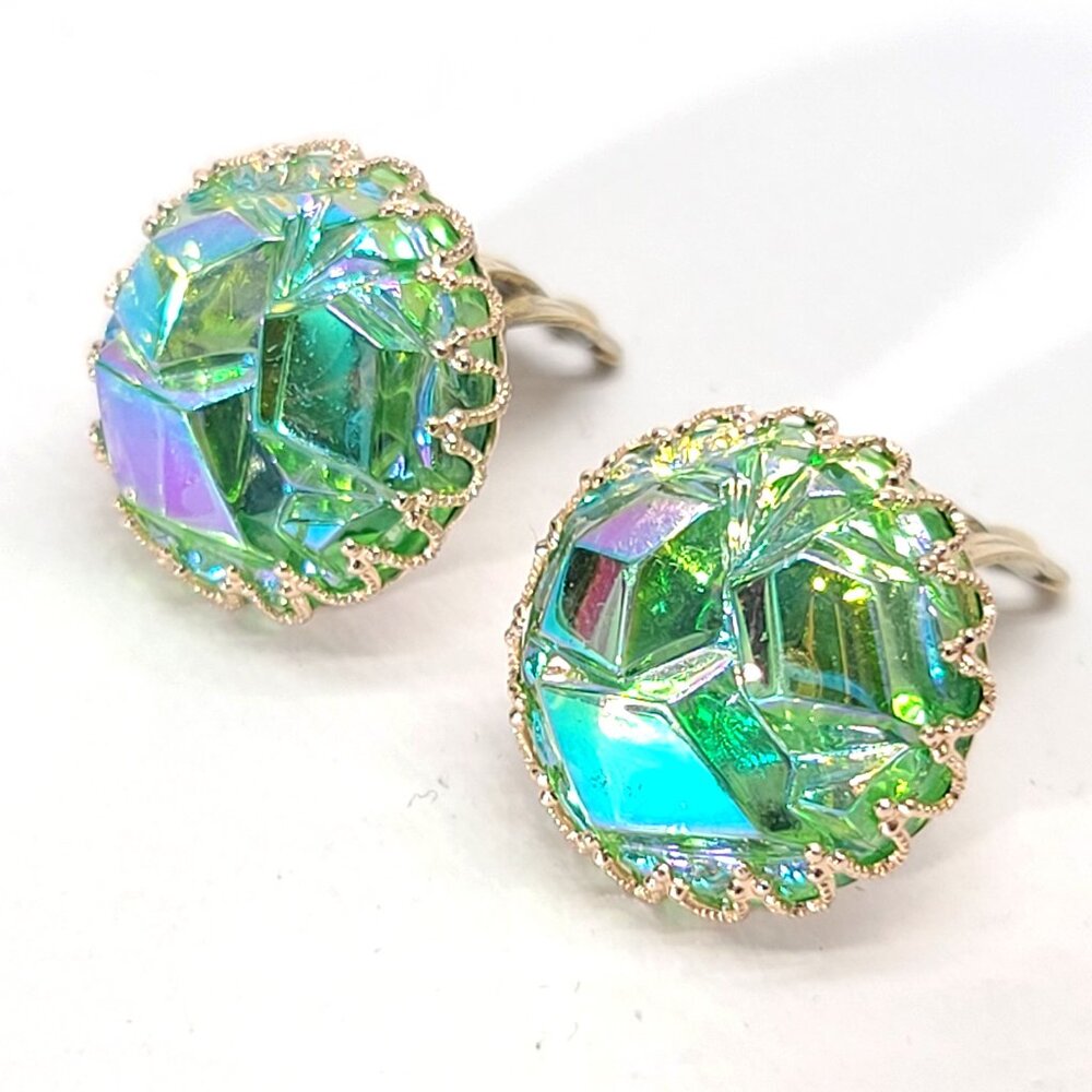 Vintage West Germany Crinkle Glass Clip Earrings Green Iridescent Gold Tone